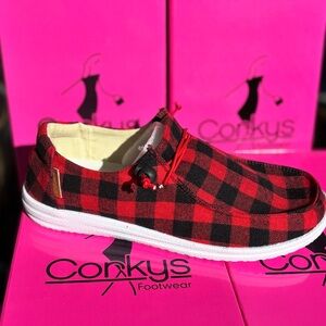 Red/Black Buffalo Plaid Kayak Sneakers by Corkys